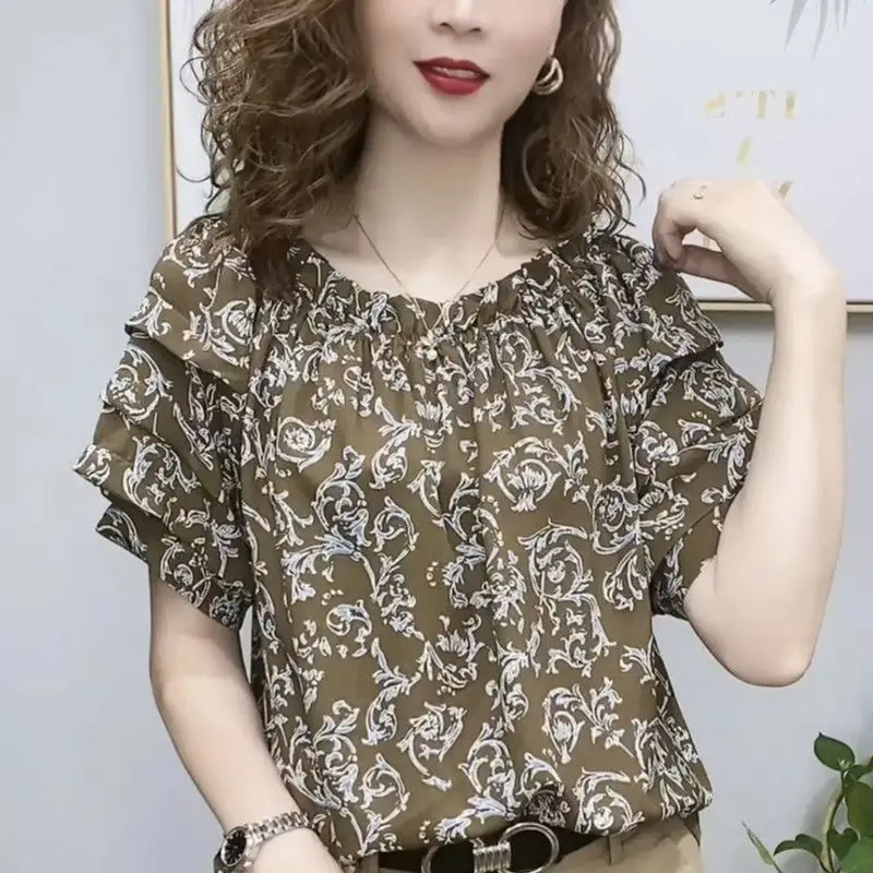 Top Trends: Vintage Printed Spliced Ruffles Folds Puff Sleeve Floral Blouse Women Clothing 2023 Summer Casual Pullovers Office Lady Shirt Shoppable Styles