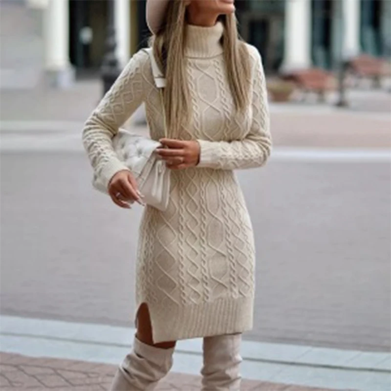 Top Trends: Warm Knitted Dresses Women High Neck Slim Solid Wool Mini Dresses Fashion Ladies Basic Long Sleeve Winter Autumn Warm Dresses Shoppable Styles - Image 2