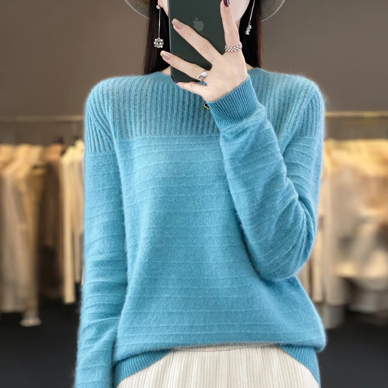 Top Trends: Seamless Readymade Garment 100% Pure Woolen Sweater Women's Round Neck Long Sleeve Pullover Knitted Autumn / Winter Stripe Sweater Shoppable Styles