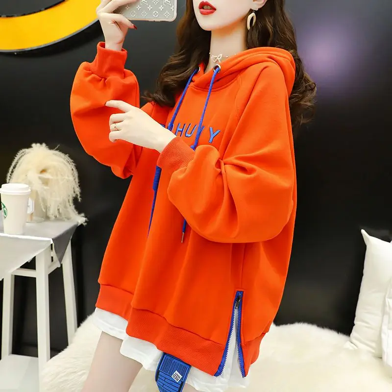 Top Trends: Fashion Embroidery Letter Zipper Lace Up Warm Hoodies Female Clothing 2023 Autumn New Casual Tops Fake Two Pieces Sweatshir Shoppable Styles