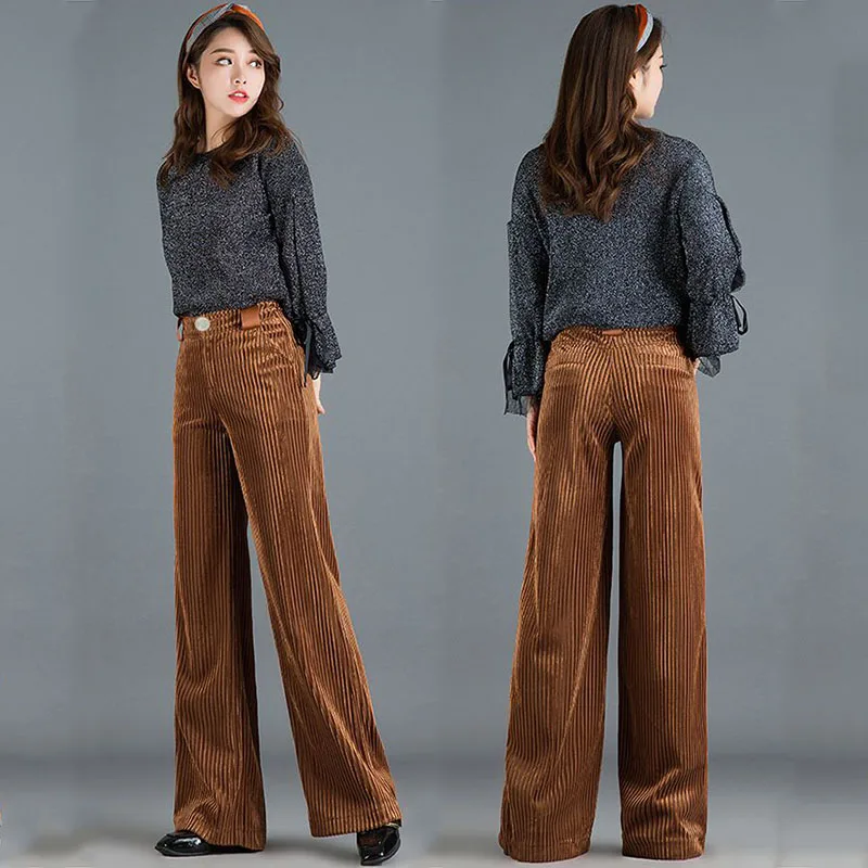 Top Trends: Korean Autumn Winter Fashion Pleuche Straight Pants New Solid All-match Women Elastic High Waist Loose Casual Wide Leg Trousers Shoppable Styles - Image 5