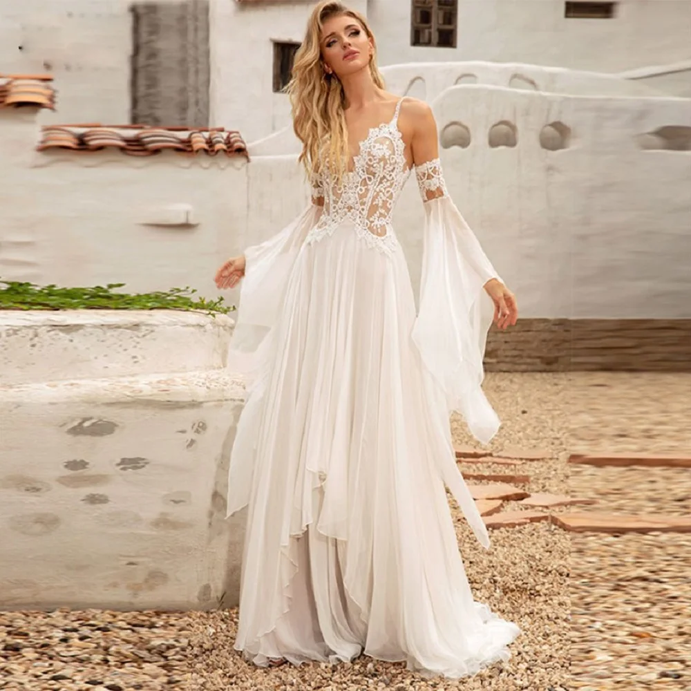 Top Trends: Ramanda Boho Sexy A-Line Tiered Wedding Dress Elegant Backless Sleeveless Chiffon Bridal Gowns Shoppable Styles