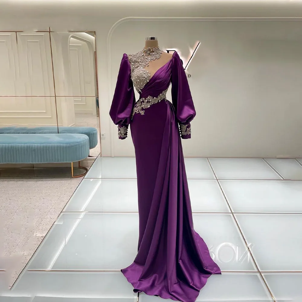 Top Trends: 2024 Purple Satin Mermaid Evening Gowns Appliques Long Sleeve Arabic Formal Party Dresses High Neck Dubai Prom Dress For Women Shoppable Styles