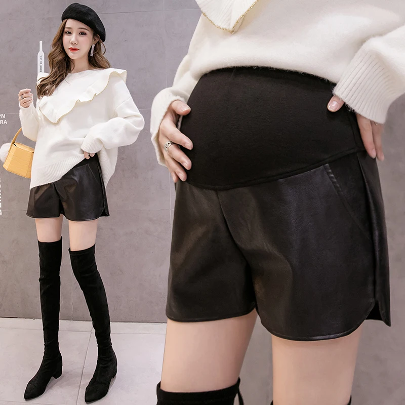 Top Trends: Cotton's Belly Patchwork PU Leather Shorts For Pregnant Women Fashionable Wide-legged Short Pants Maternity Side Split Trousers Shoppable Styles