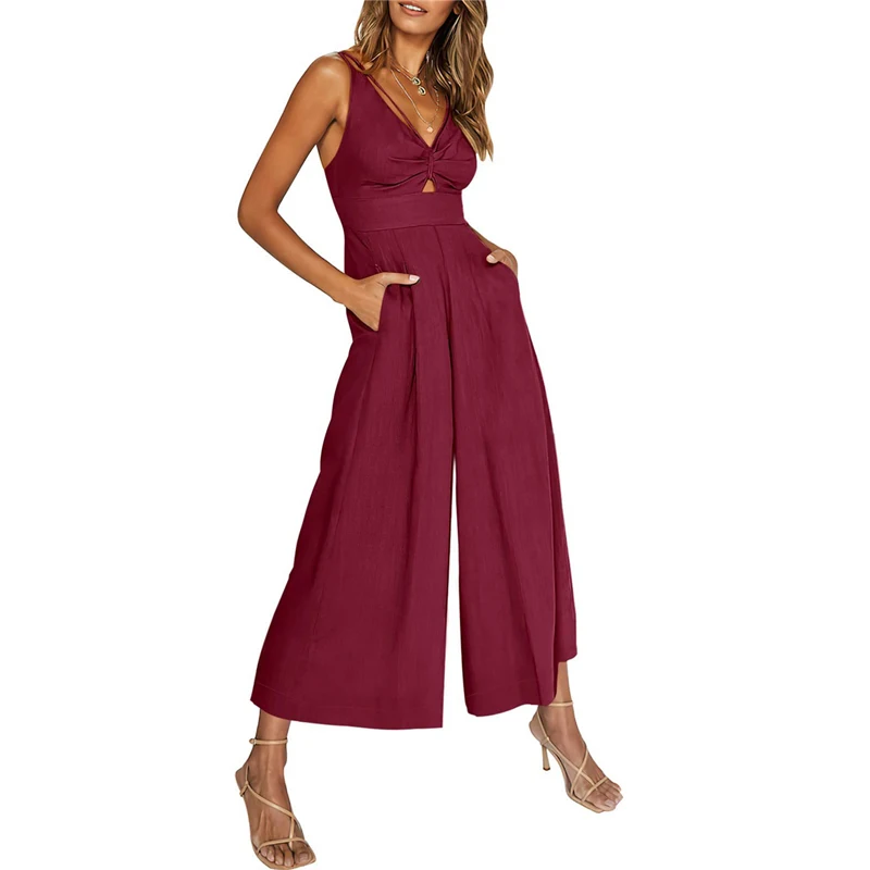 Top Trends: Women Sexy Backless V Neck Hollow Sleeveless Elegant Wide Leg Jumpsuit 2023 Summer Fashion Solid Slim Pockets High Waist Rompers Shoppable Styles - Image 6