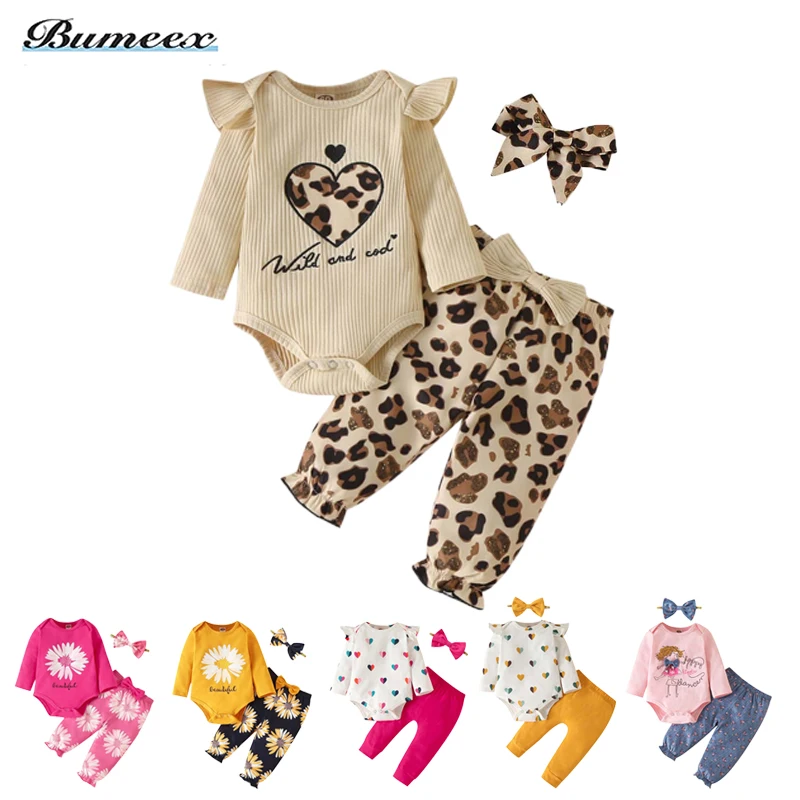 Top Trends: Bumeex Newborn Clothes Baby Girl Clothes Sets Baby Clothes Ruffle Jumpsuit Tops Bow Heart Print Pants Newborn Toddler Clothing Shoppable Styles