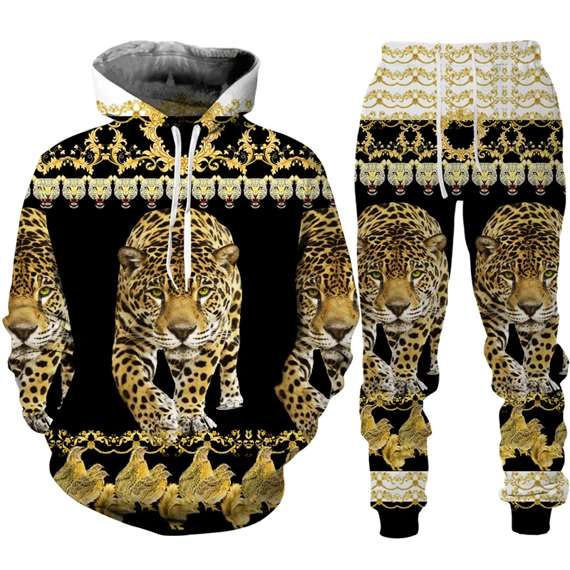 Top Trends: Men&#039;s Hoodie Pants Suit Leopard Golden Pattern Sportswear Set 3D Print Women Fashion Tracksuit Jogging Clothes For Men Clothing Shoppable Styles