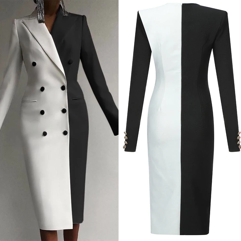 Top Trends: Black White Color Matching Double Breasted Women Long Jacket Suits Ladies Prom Evening Guest Formal Wear Custom Made Shoppable Styles