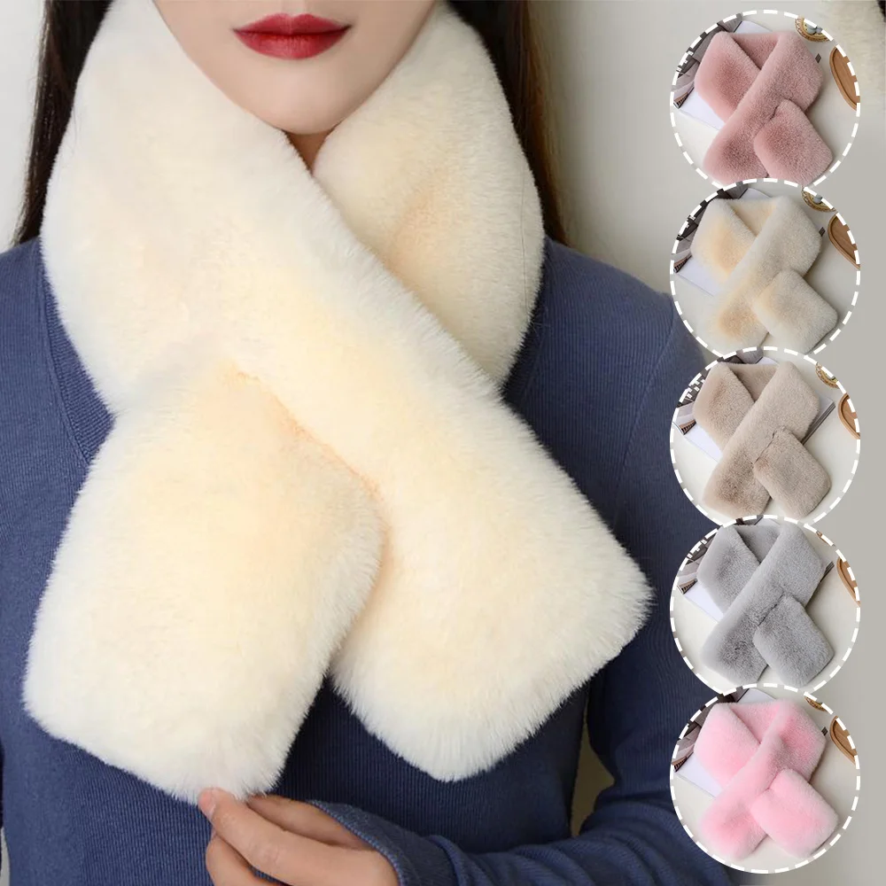 Top Trends: Faux Rabbit Fur Cross Scarf For Women Winter Warm Thicken Plush Neck Ring Scarves Elegant Solid Color Fluffy Shawls Neck Warmer Shoppable Styles