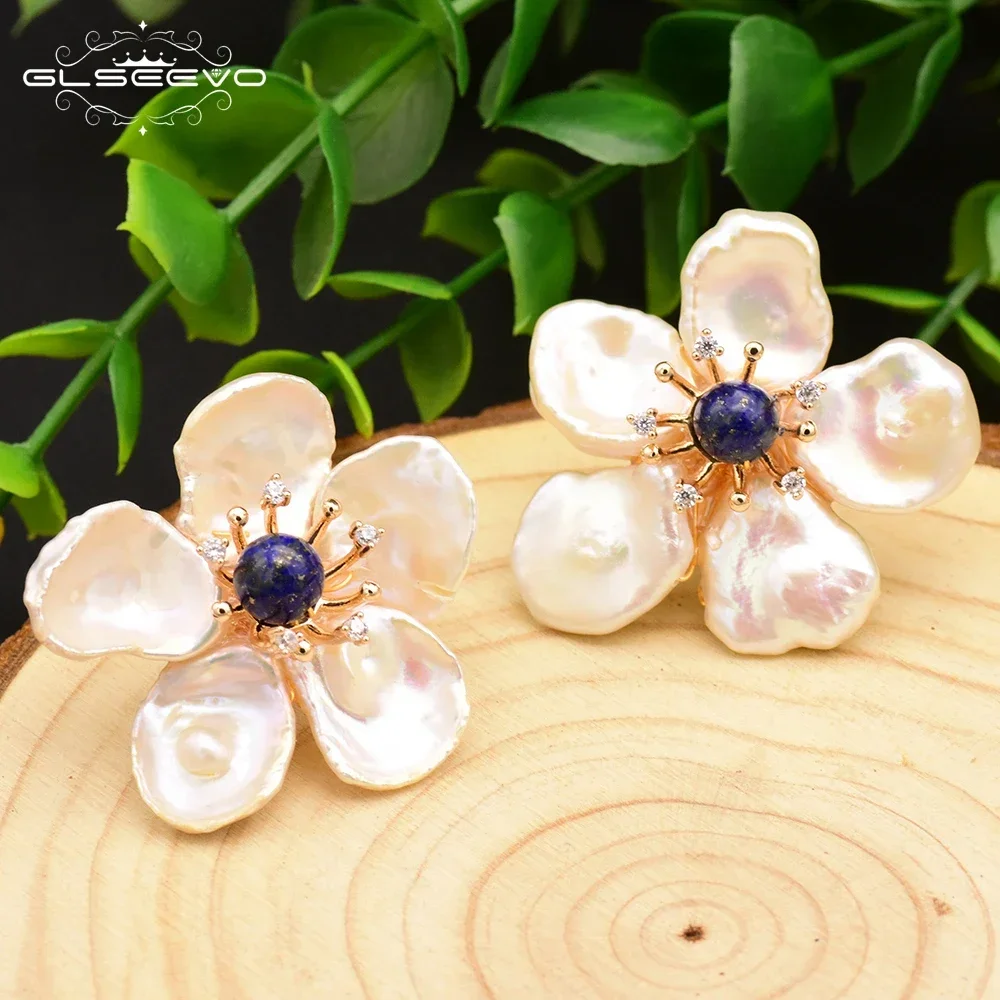 Top Trends: GLSEEVO Handmade 925 Sterling Silver Natural Lapis Lazuli Baroque Flower Pearl Stud Earrings For Women Gift Jewellery GE0678 Shoppable Styles