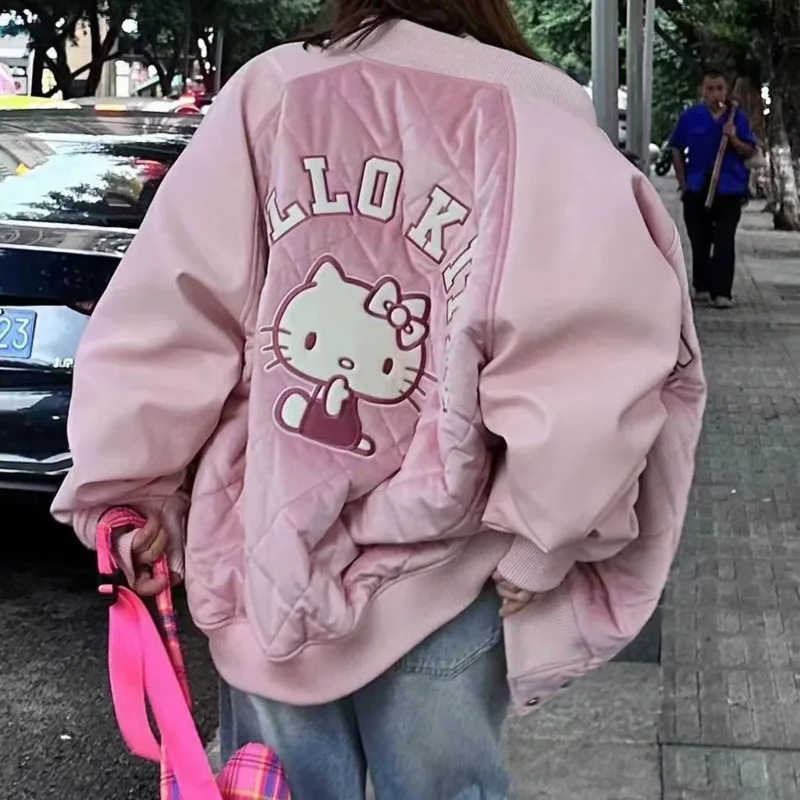 Top Trends: Hello Kitty Y2k Button Baseball Coats Cute Embroidery Print Jackets Casual Loose Sweatshirt Pink Preppy Style Coats For Women Shoppable Styles