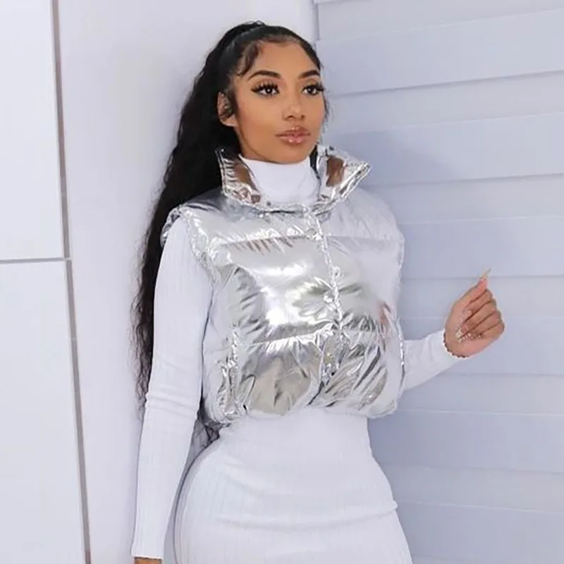 Top Trends: Women Silver Puffer Padded Jacket Vest Metallic Y2k Shiny Zipper Sleeveless Autumn Winter Streetwear Short Coat Outwear Shoppable Styles