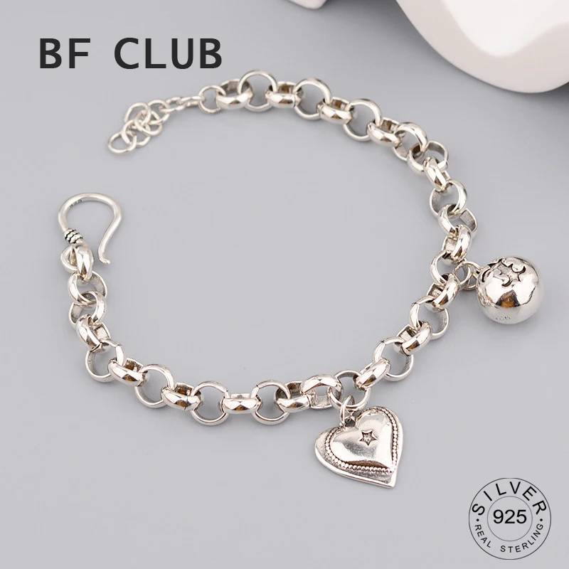 Top Trends: Solid 925 Sterling Silver Hiphop Thick Heart Ball Bracelet For Women Men Vintage Handmade Hasp Bracelet Birthday Gift S-B451 Shoppable Styles