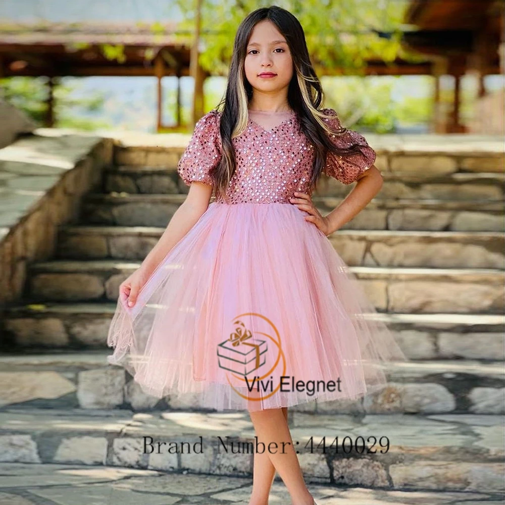 Top Trends: Charming Pink Short Sleeve Flower Girl Dresses With Sequined 2023 New A Line Soft Tulle Wedding Party Gowns Summer Vestido De Shoppable Styles