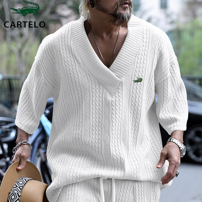 Top Trends: CARTELO Autumn New Long Sleeved T Shirt Fashion Men Knit V-Neck Tops Streetwear Casual Solid Jacquard Sweater Pullover Shoppable Styles