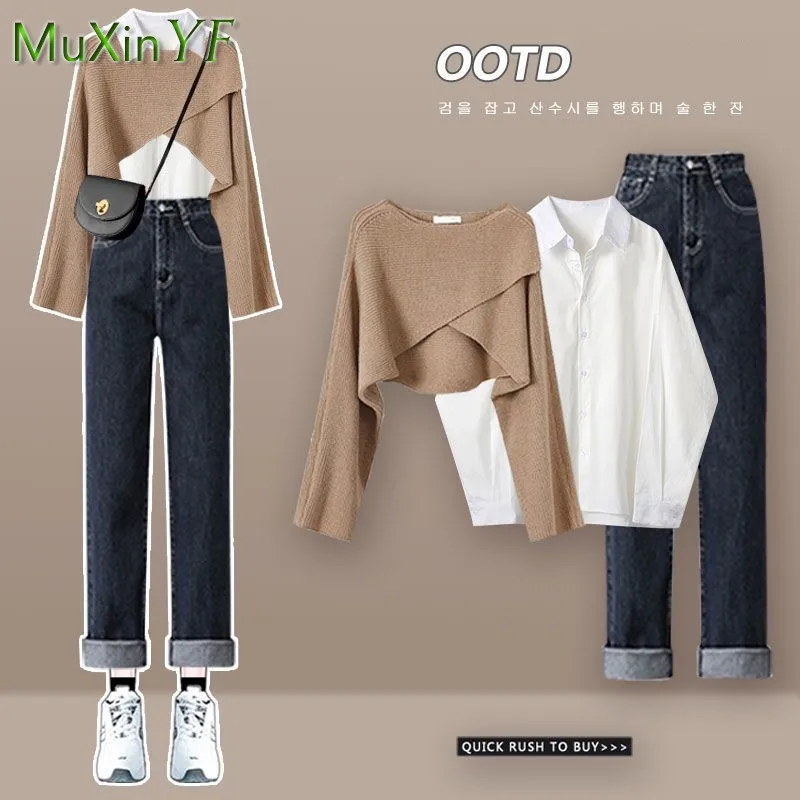 Top Trends: Women&#039;s Autumn Winter New Suit 2023 Fashion Knit Cross Sweater+ Shirt+ Jeans Three Piece Korean Elegant Denim Pants Matching Set Shoppable Styles