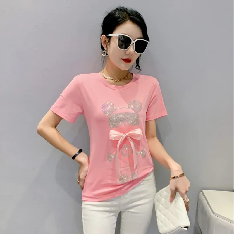 Top Trends: #5214 Black Green White Cute Cartoon Diamonds Short Sleeve T Shirt Women Slim Cotton Summer T-shirt Femme Printed Korean Fashion Shoppable Styles - Image 5