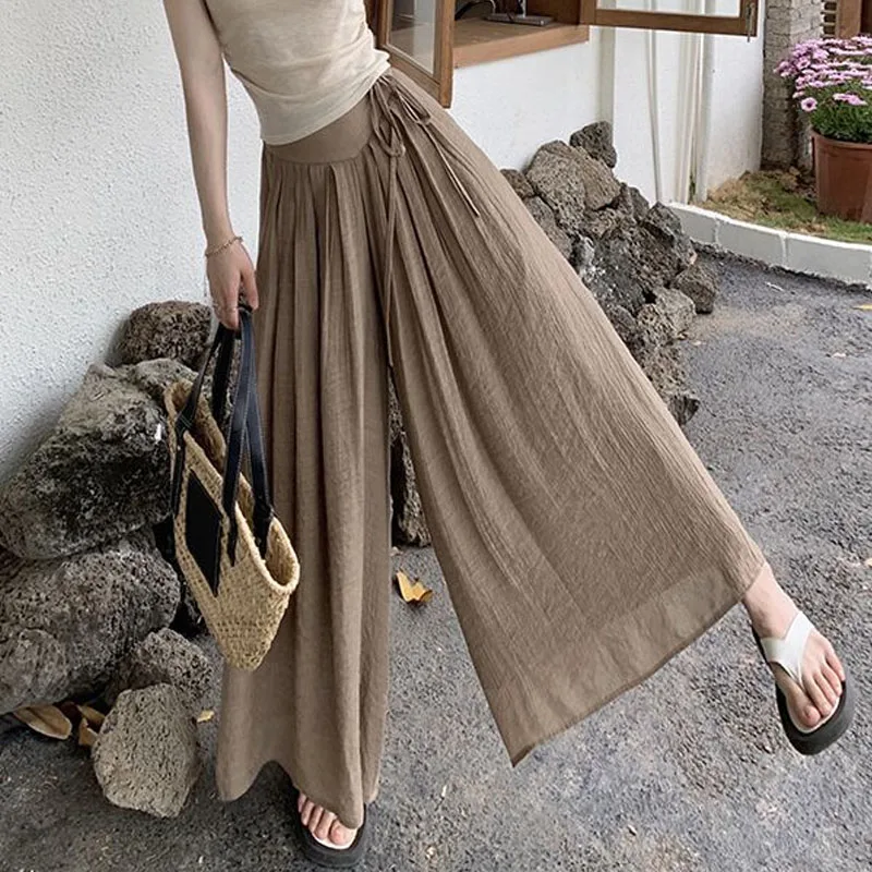 Top Trends: Women Elegant All-match Solid Color Wide Leg Pants Summer Simplicity Elastic High Waist Casual Lace Up Trousers Female Clothing Shoppable Styles