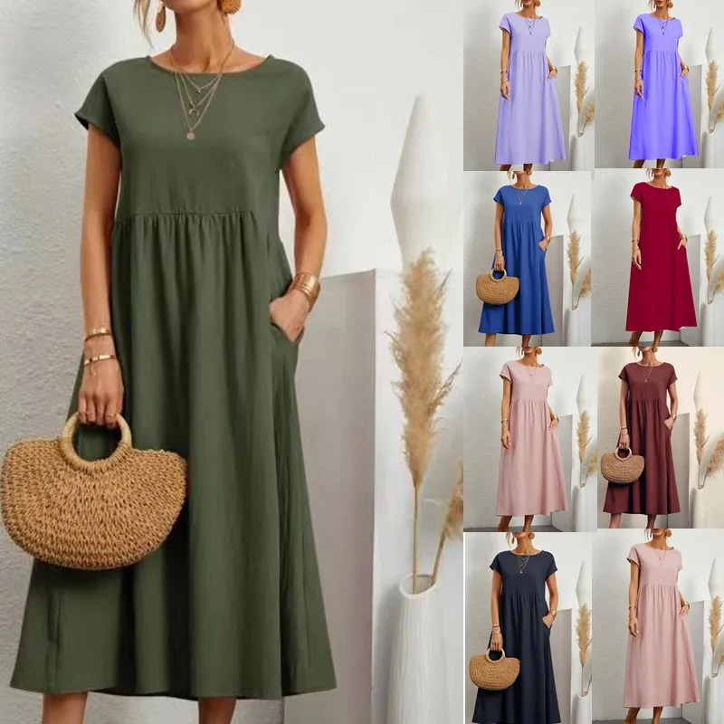 Top Trends: Women Vintage Solid Dress 2023 Summer Elegant O Neck Short Sleeve Cotton Linen Dresses Female Casual Loose Sundress Long Dress Shoppable Styles