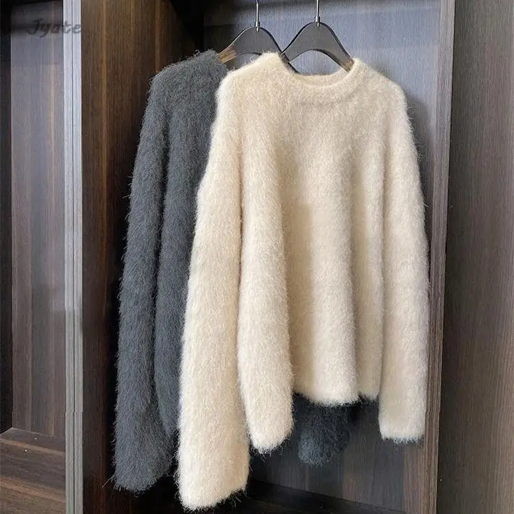 Top Trends: Imitation Mink Winter Sweater Solid Color Casual Loose Knit Pullover Round Neck Thickened Women Mohair Knitwear 2023 New Shoppable Styles