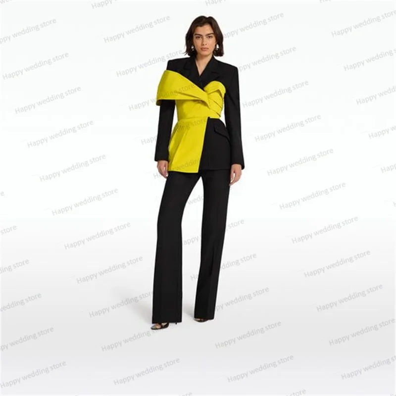 Top Trends: Black Women Pants Suits Set 2 Pieces Blazer+ Trousers Jacket With Yellow Strap Prom Dress Formal Office Lady Coat Custom Made Shoppable Styles