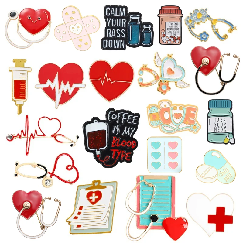 Top Trends: Medical Enamel Brooch Heart Stethoscope ECG Thermometer Syringe Pill Blood Type Medical Notepad Metal Badge Lapel Pins Jewelry Shoppable Styles