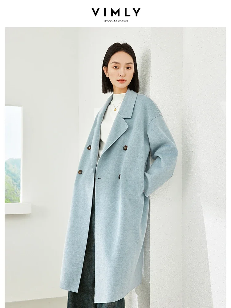 Top Trends: Vimly Blue Wool &amp; Blends Long Coats Women Clothes 2023 Doule Breasted Elegant Office Lady Winter Warm Long Jacket Overcoat 16328 Shoppable Styles