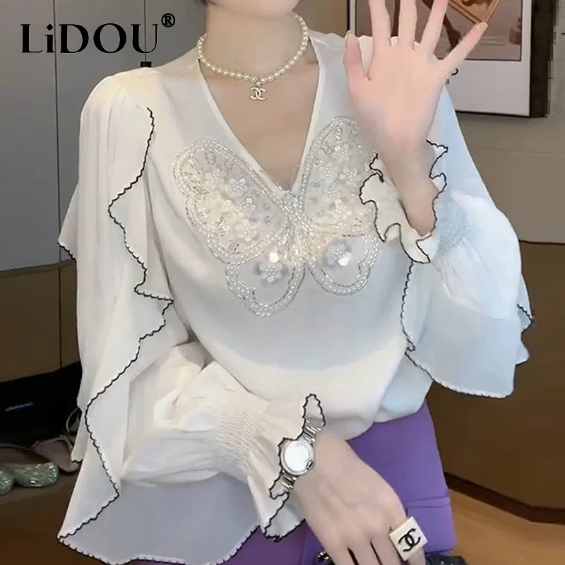 Top Trends: Spring Summer V-neck Butterfly Sequined Ruffles Long Sleeve Shirt Ladies Elegant Fashion Pullover Blouse Women&#039;s Clothing Top Shoppable Styles