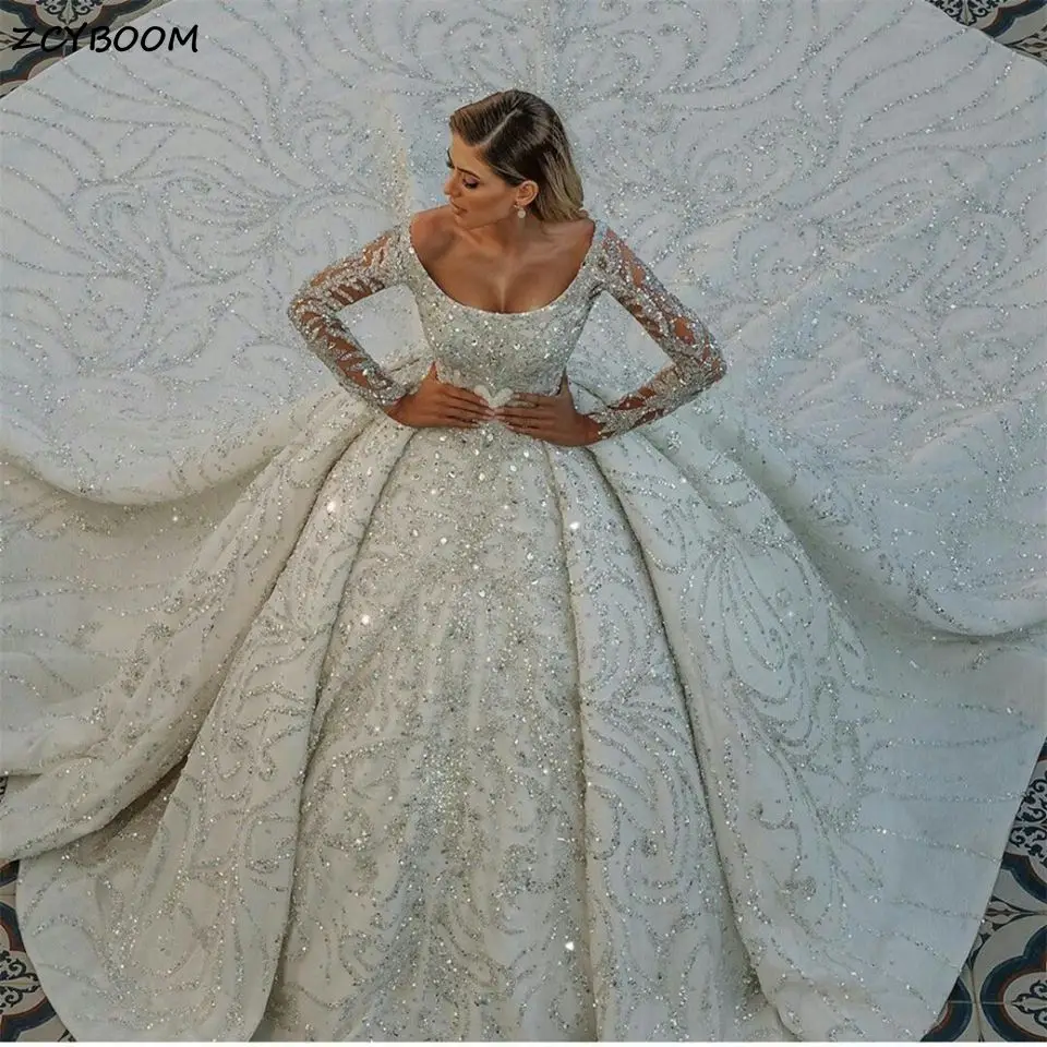 Top Trends: Luxury Crystals Beading Long Sleeves Wedding Dresses 2023 Arabic Dubai Glitter Sequined Ball Gown Bridal Gowns Vestidos De Novia Shoppable Styles