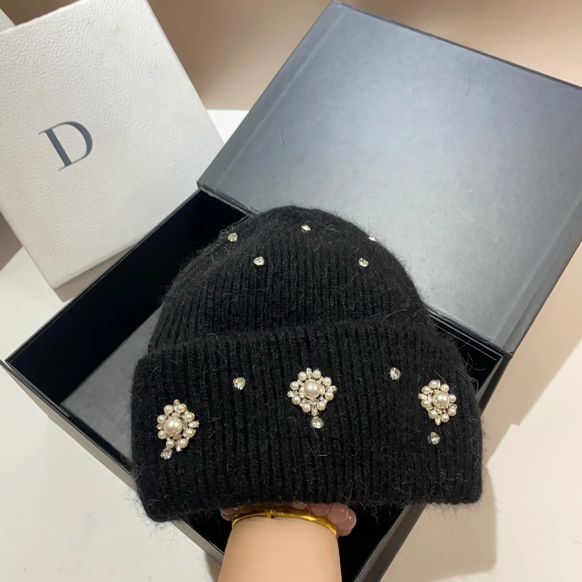 Top Trends: Designer Brand Rhinestones Winter Knitted Hat Women Warm Wool Skullies Beanies Real Rabbit Fur Knit Bonnet Outdoor Skiing Cap Shoppable Styles