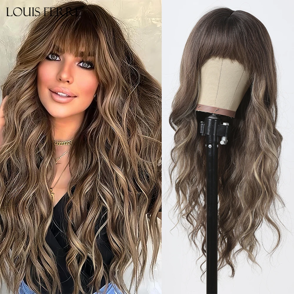 Top Trends: LOUIS FERRE Long Wavy Brown Blonde Highlights Synthetic Wigs For Women Natural Wave Hair With Bangs Daily Heat Resistant Wigs Shoppable Styles