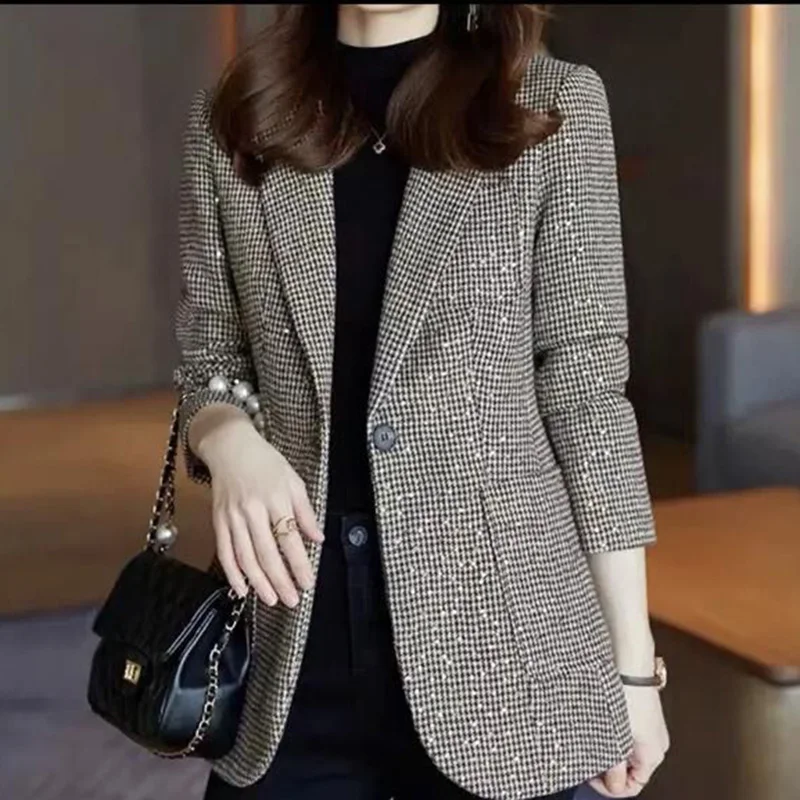 Top Trends: Elegant Lapel Button Spliced Pockets Sequined Lattice Blazer Women's Clothing 2023 Autumn New Casual Tops Office Lady Blazers Shoppable Styles