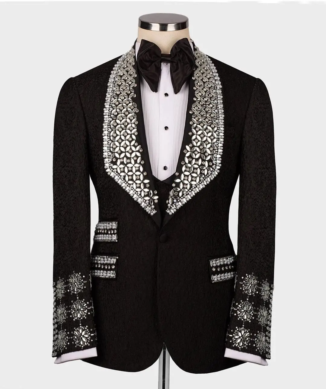 Top Trends: Luxury Beads Diamonds Sparkly2 Pieces Blazer Vest Men Suits One Button Wide Lapel Formal Prom Wedding Groom Plus Size Tailored Shoppable Styles