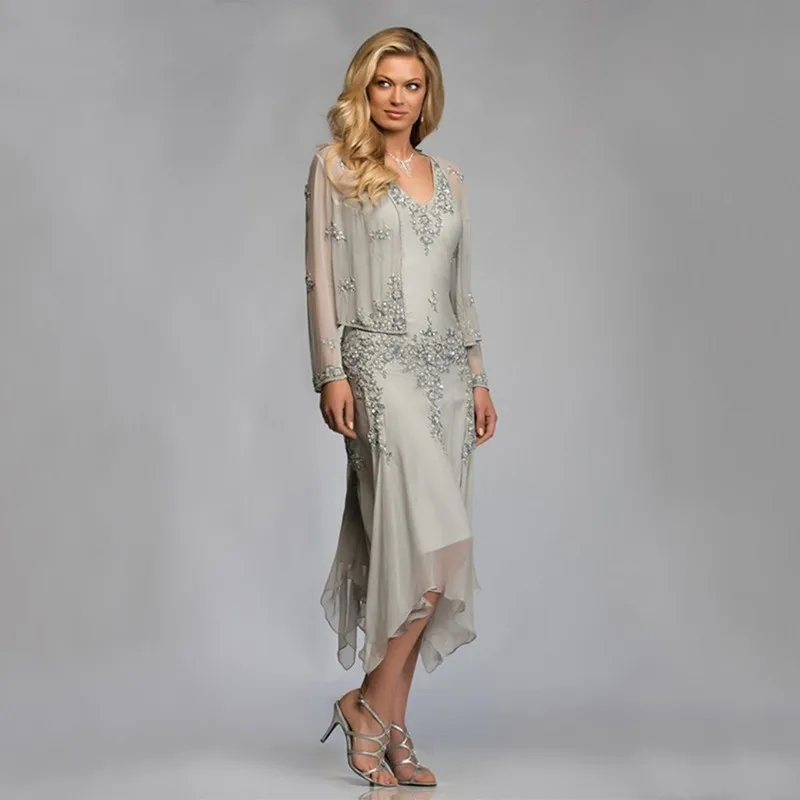 Top Trends: 2023 Elegant Silver Chiffon Mother Of The Bride Groom Dresses With Jackets Summer Tea Length Lace Godmother Wedding Party Gowns Shoppable Styles