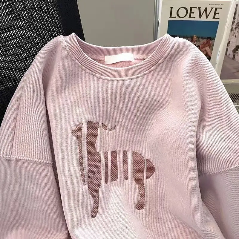 Top Trends: Autumn And Winter Women's Solid Color Crew Neck Long Sleeve Printed Loose Cotton Liner Pullovers Fashion Casual Korean Tops Shoppable Styles