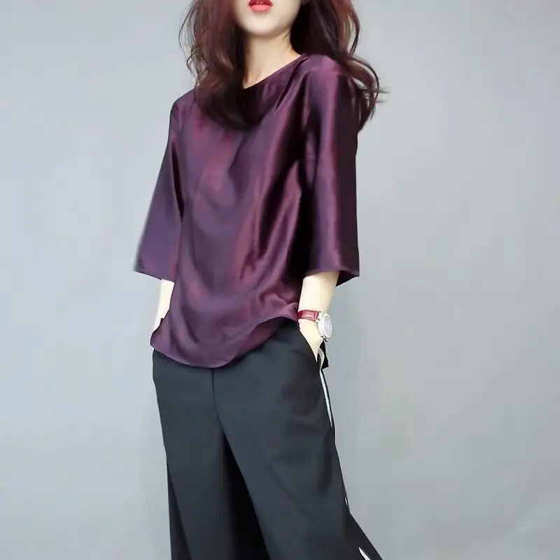 Top Trends: Elegant O-Neck Solid Color 3 / 4 Sleeve Oversized Satin Blouse 2022 Spring And Summer New Casual Tops Loose Office Lady Shirt Shoppable Styles