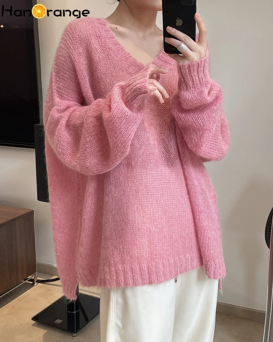 Top Trends: HanOrange Spring 2024 Womens Fashion Wool And Mixes Sweater Lazy V-neck Mohair Knitted Sweater Loose Fluffy Pullover Shoppable Styles