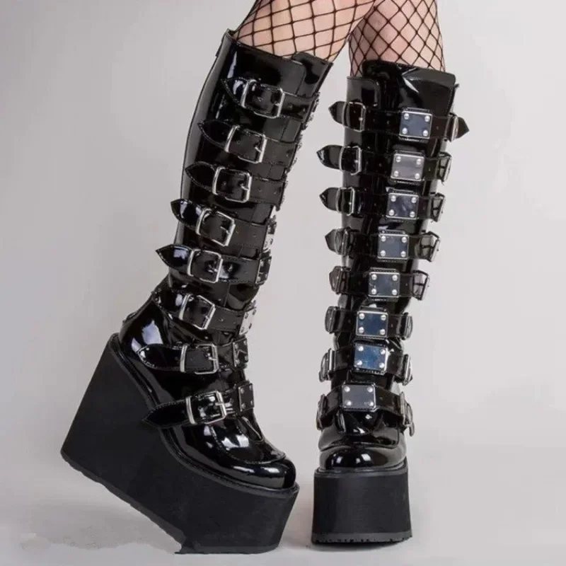 Top Trends: Punk Women Boots Cosplay Ladies High Heel Platform Wedges Women High Boots Gothic Buckle Strap Long Tube Leather Female Boots Shoppable Styles