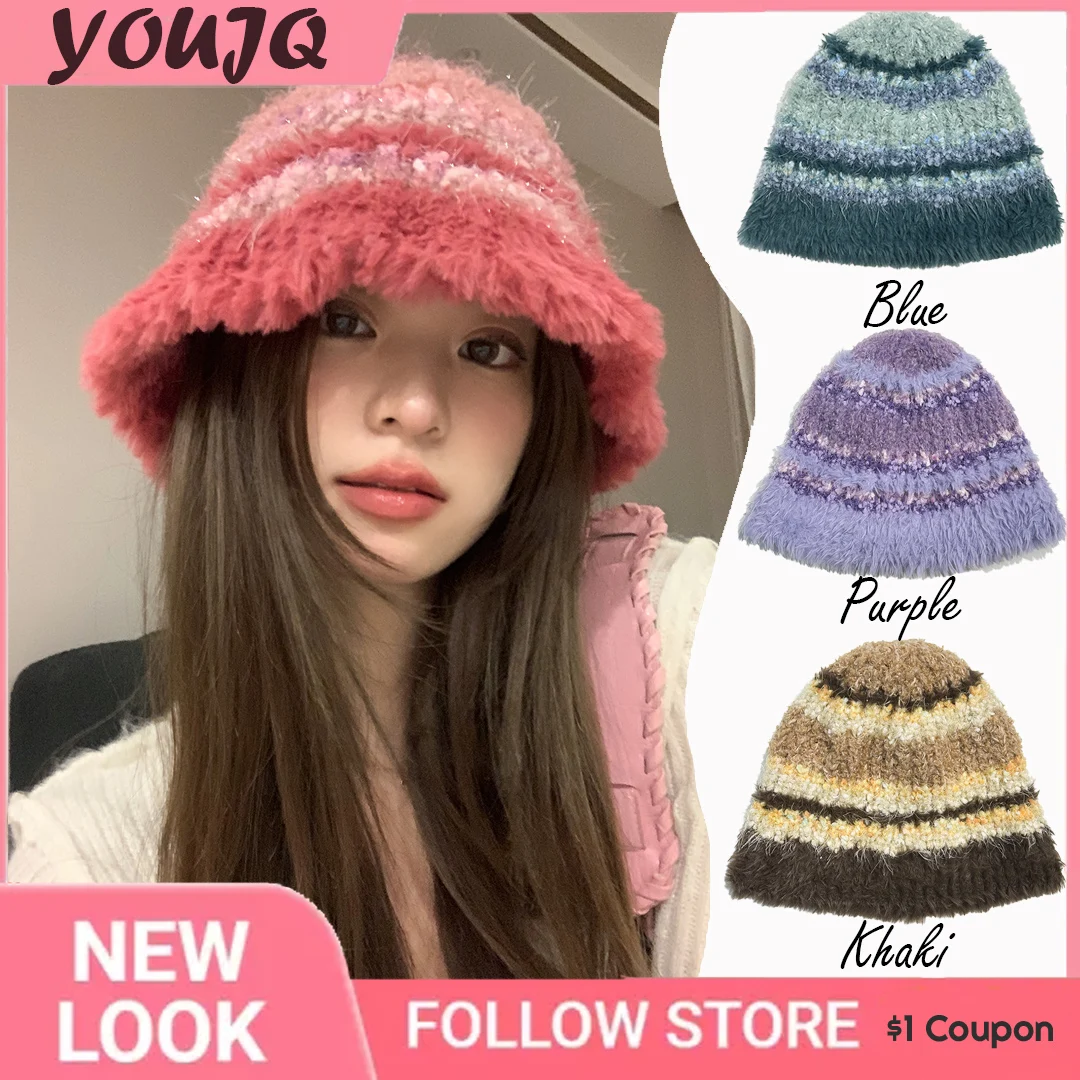 Top Trends: Japanese Pink Blue Matching Handmade Knitted Hats For Women Winter Warm Ear Protection Big Eaves Warm Soft Plush Bucket Caps Shoppable Styles