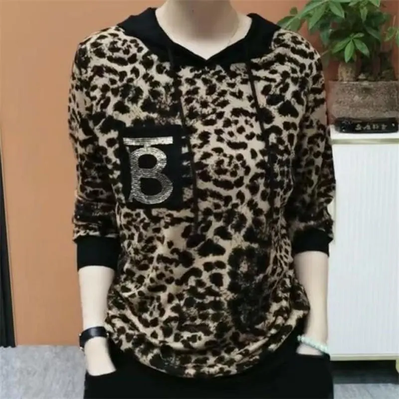 Top Trends: Streetwear Leopard Printed Pullovers Female Clothing Casual Hooded Drawstring Spring Autumn Fashion Letter Diamonds Sweatshirts Shoppable Styles