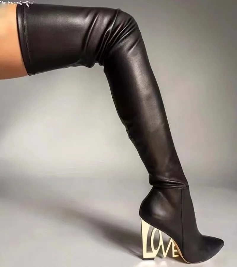 Top Trends: JOCHEBED HU Gold Plated Heel Love Wedge Bootie Elasticity Pointy Toe Full Stretch Over The Knee Boots Size 33-44 Shoppable Styles