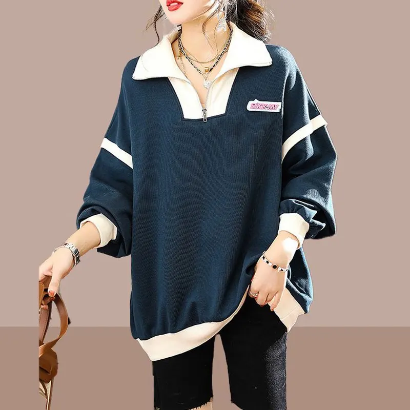 Top Trends: Female Casual All-match Solid Color Spliced Sweatshirts Fashion Zipper Spring Autumn Standard Polo-Neck Long Sleeve Pullovers Shoppable Styles