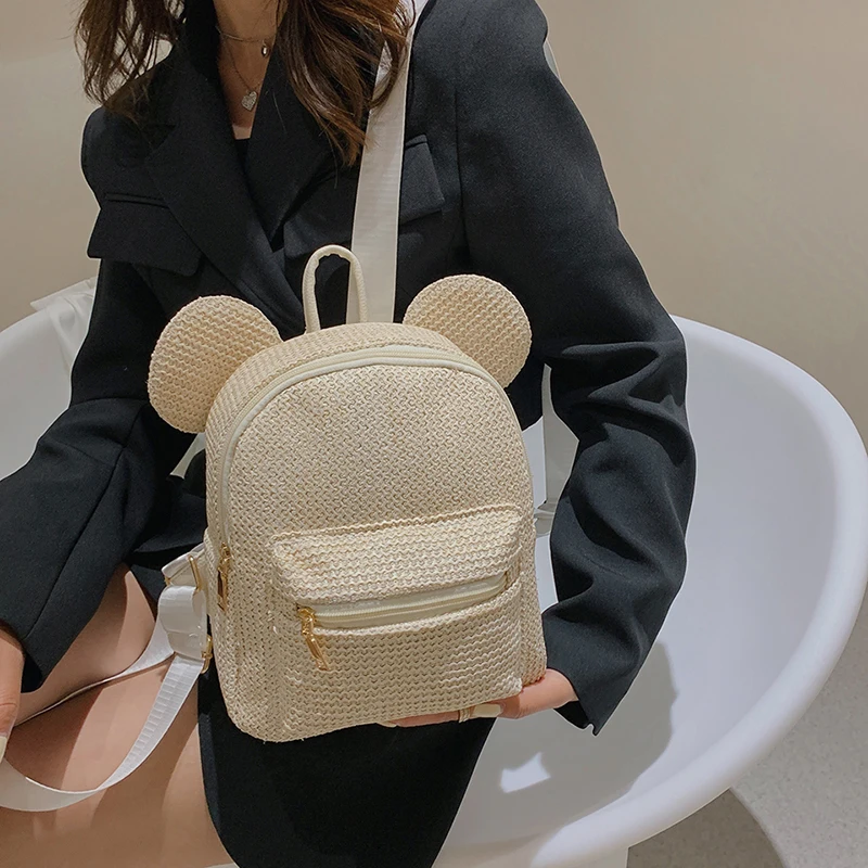 Top Trends: Mouse Ears Women's Backpack 2022 Summer Mini Straw Backpacks For Girls Kawaii Shoulders Bag Korean Knapsack 3D Bear Bagpack Sac Shoppable Styles