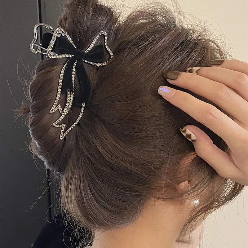 Top Trends: New Fashion Large Metal Bow Hair Clip High Quality Ladies Elegant Rhinestone Flocked Ponytail Clip Headdress Hair Accessories Shoppable Styles