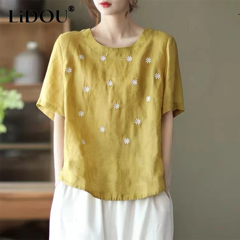 Top Trends: 2023 Summer Casual Fashion Embroidery Cotton T-shirt Female Short Sleeve Loose All-match Simple Comfortable Simple Top Women Tee Shoppable Styles