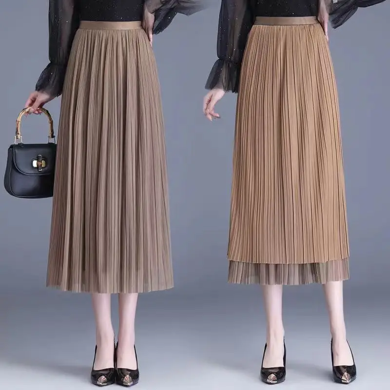 Top Trends: Two Sided Mesh Pleated Skirt, Medium Length Chiffon Women's Spring And Summer New 2023 High Waisted Draped Yarn Lady Skirt Shoppable Styles