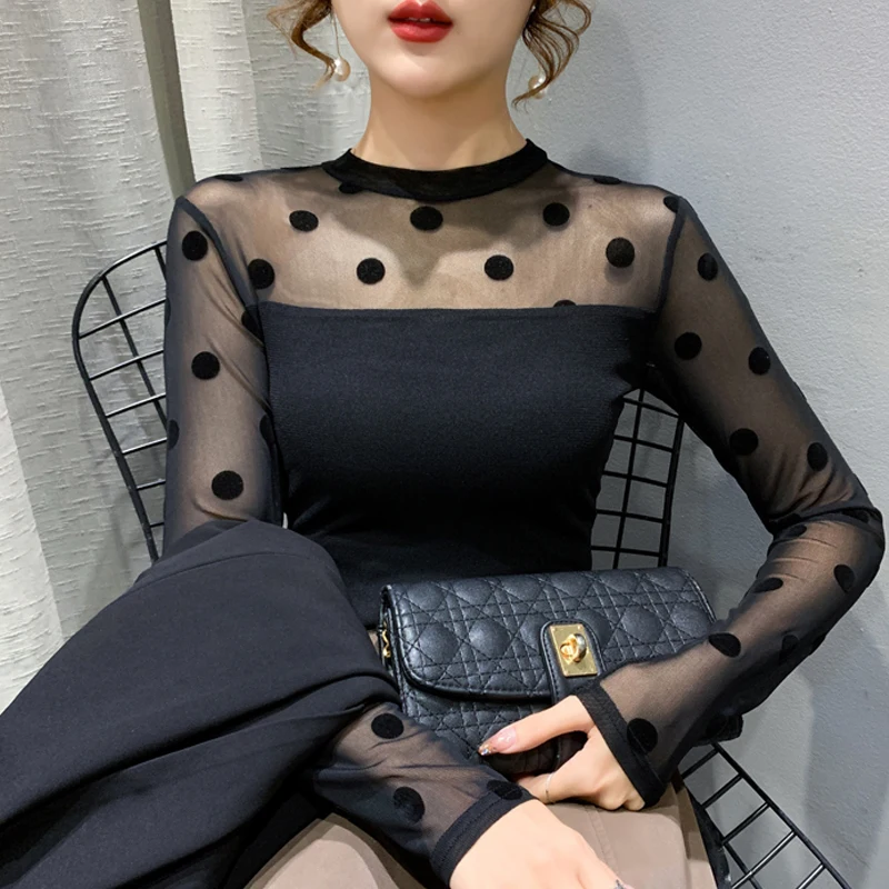 Top Trends: Spring Autumn 2023 Sexy Sheer Tops Long Sleeve Polka Dot Shirt Round Neck Flocking Women T Shirt Shoppable Styles