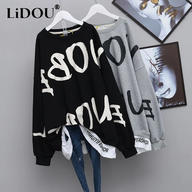 Top Trends: Autumn Letter Print Oversized Loose Casual Cotton Sweatshirt Female Streetwear Y2K Pullover Broken Hole Design All Match Jumpers Shoppable Styles