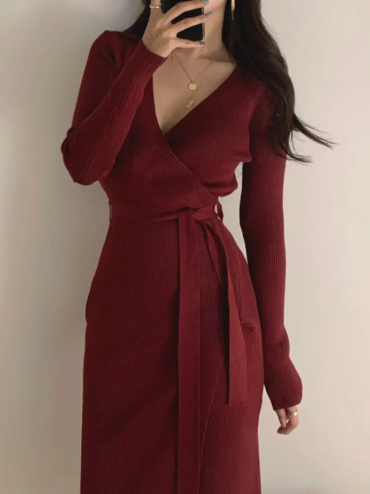 Top Trends: Elegant And Chic Women Ribbed Sweater Dress Long Sleeve Vintage Bodycon Slim Knitted Dresses Fashion One Pieces Female Clothes Shoppable Styles