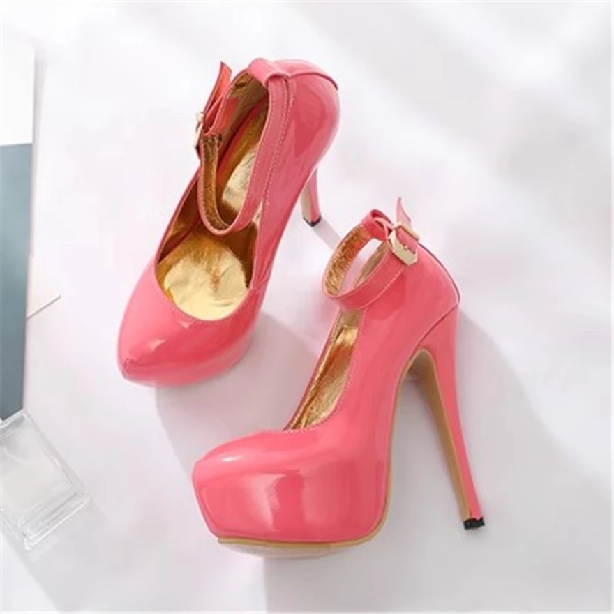 Top Trends: Women's Patent Leather Red Wedding Shoes Fashion Platform Shallow Women Pumps Concise Buckle Super High Heels Party Shoes Female Shoppable Styles - Image 4